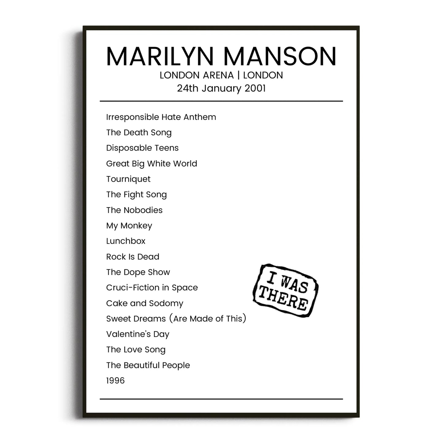 Marilyn Manson London 24 January 2001 Setlist Poster