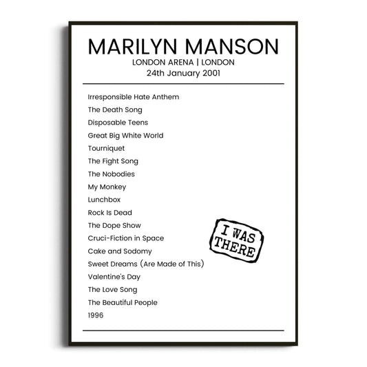 Marilyn Manson London 24 January 2001 Setlist Poster