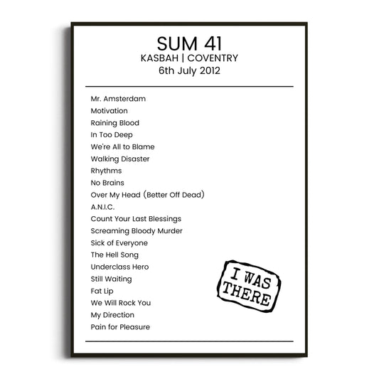 Sum 41 Coventry 06 July 2012 Setlist Poster