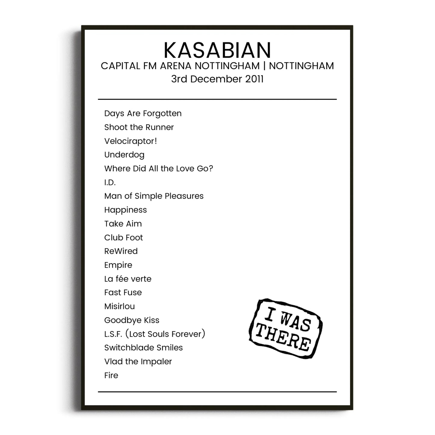 Kasabian Nottingham 03 December 2011 Setlist Poster