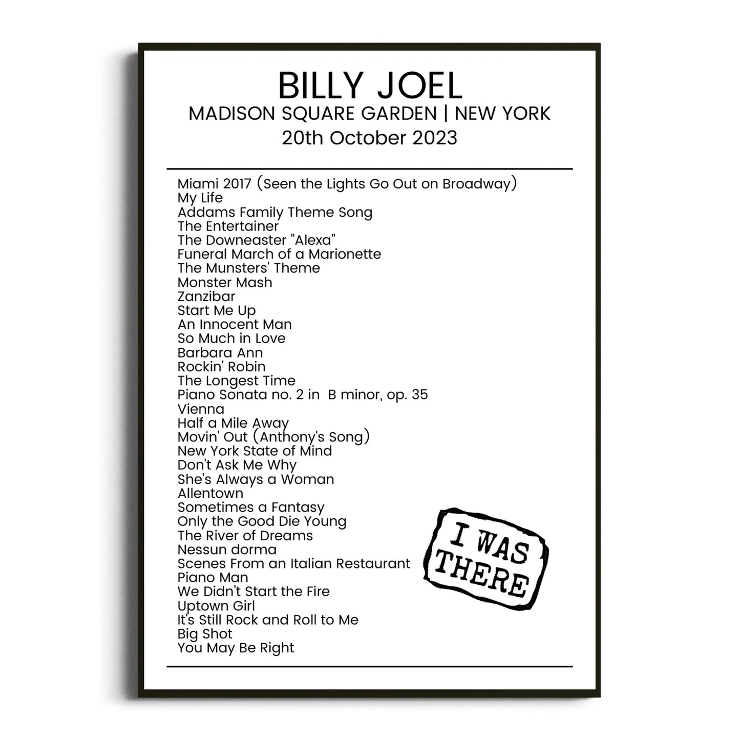 Billy Joel New York 20 October 2023 Setlist Poster