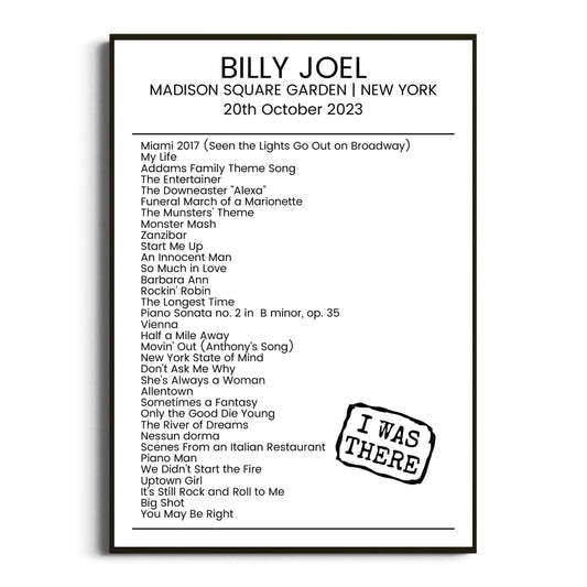 Billy Joel New York 20 October 2023 Setlist Poster