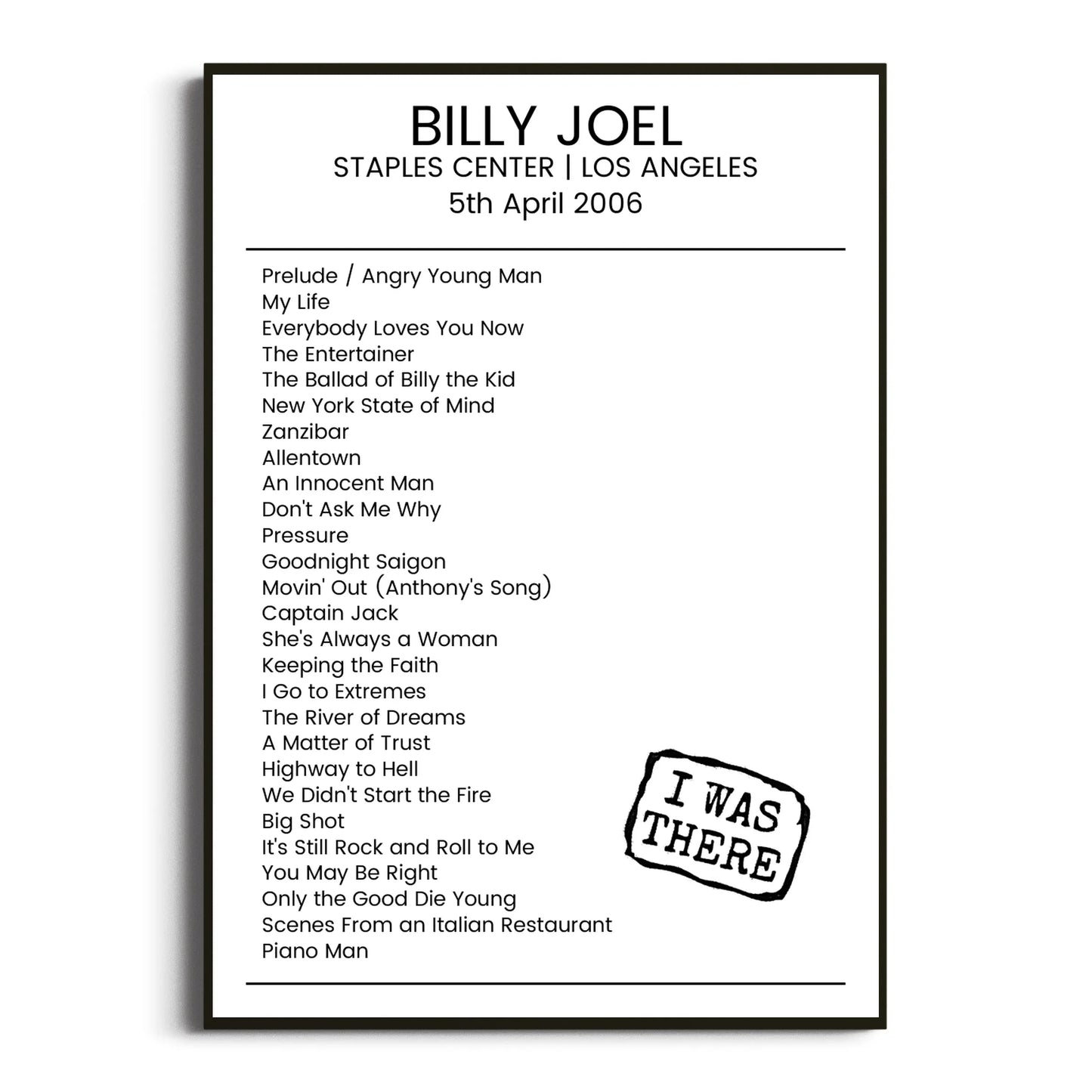 Billy Joel Los Angeles 05 April 2006 Setlist Poster