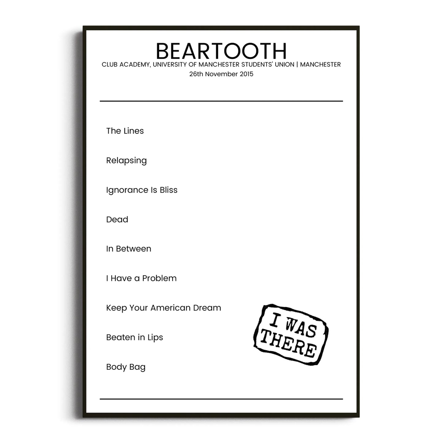 Beartooth Manchester 26 November 2015 Setlist Poster