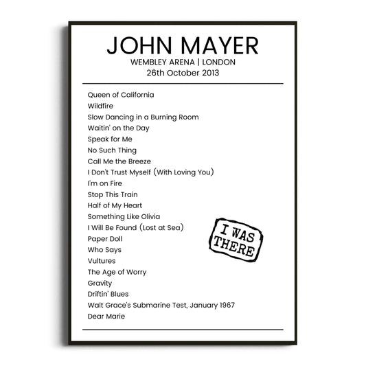 John Mayer London 26 October 2013 Setlist Poster