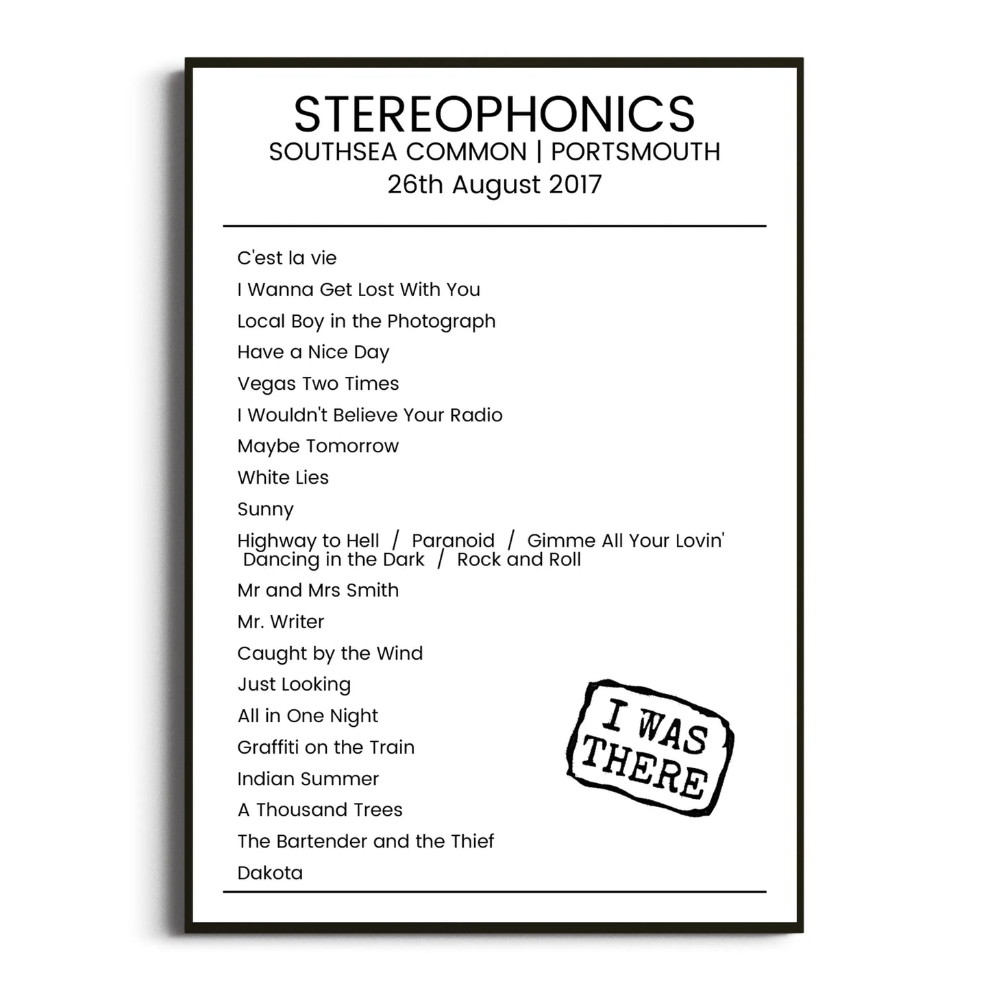 Stereophonics Portsmouth 26 August 2017 Setlist Poster