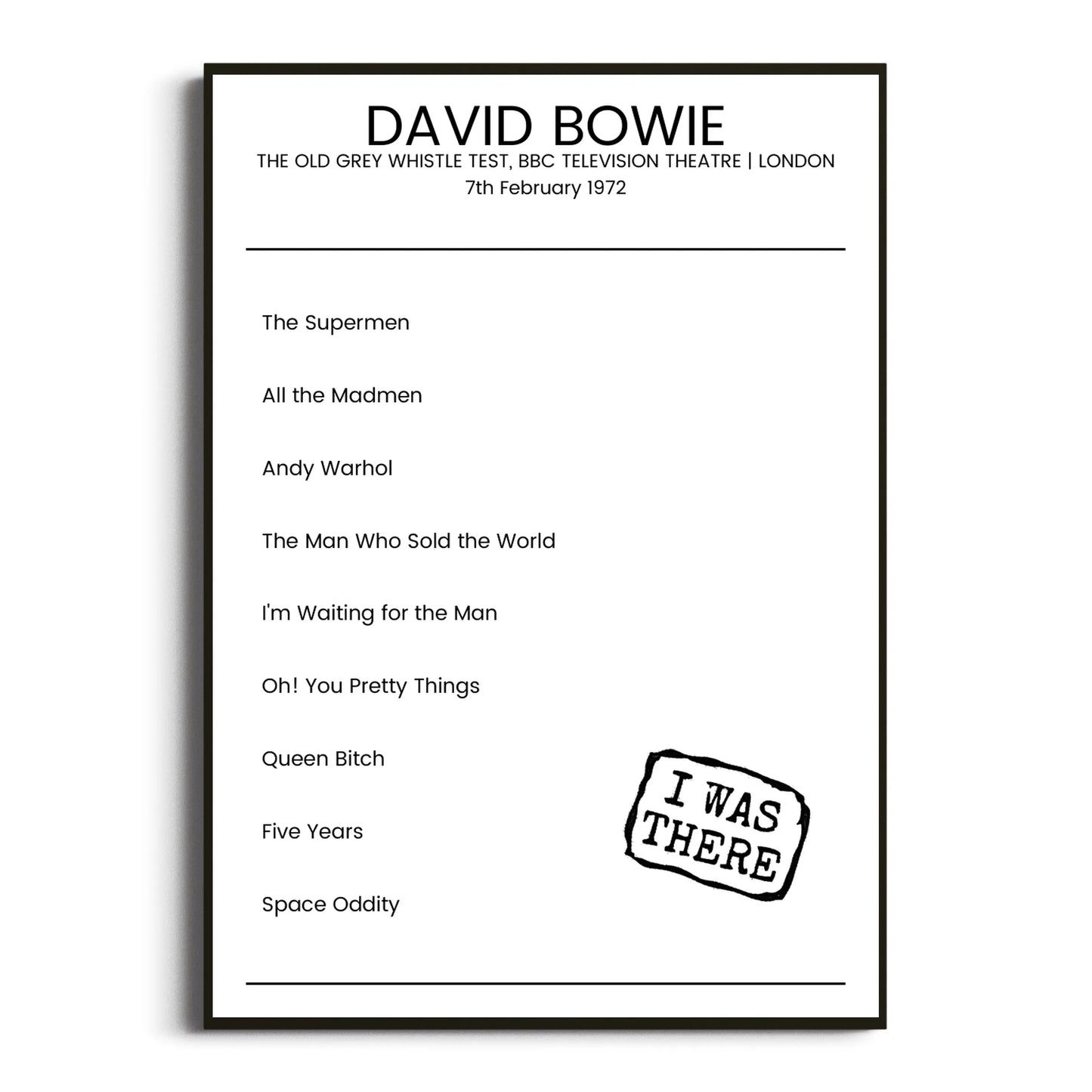 David Bowie London 07 February 1972 Setlist Poster