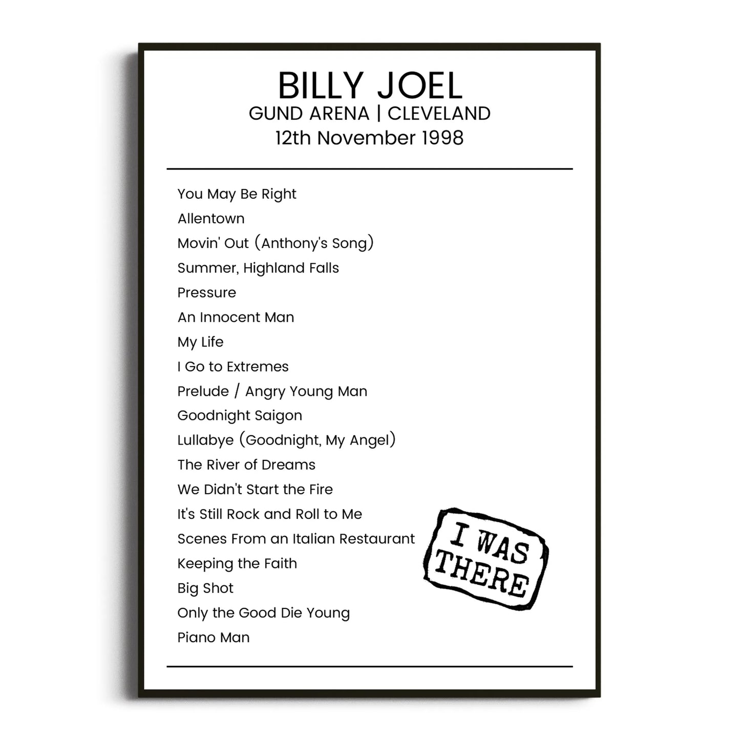 Billy Joel Cleveland 12 November 1998 Setlist Poster