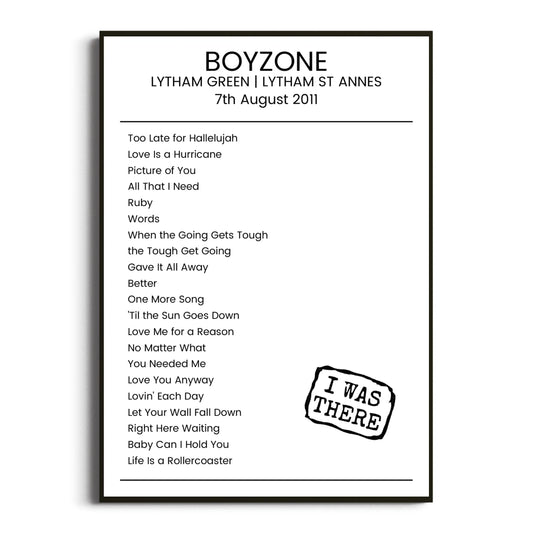 Boyzone Lytham St Annes 07 August 2011 Setlist Poster