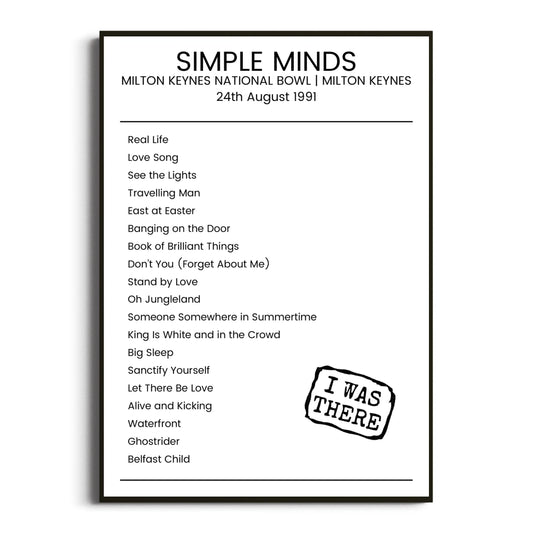 Simple Minds Milton Keynes 24 August 1991 Setlist Poster