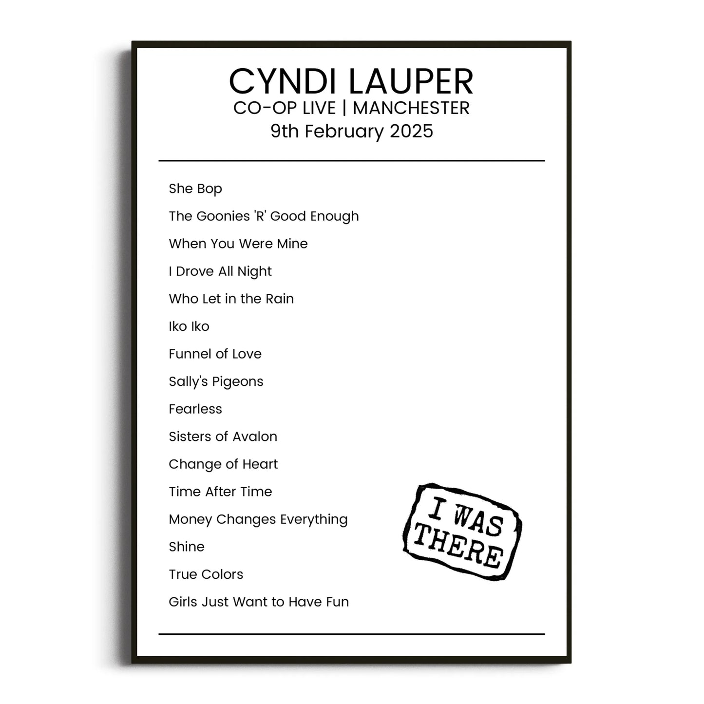 Cyndi Lauper Manchester 09 February 2025 Setlist Poster