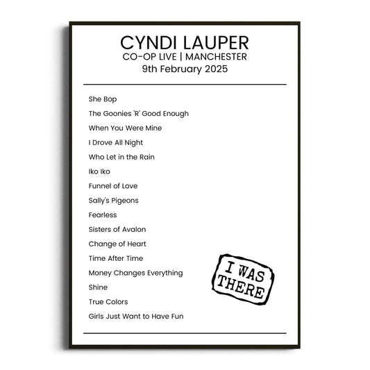 Cyndi Lauper Manchester 09 February 2025 Setlist Poster