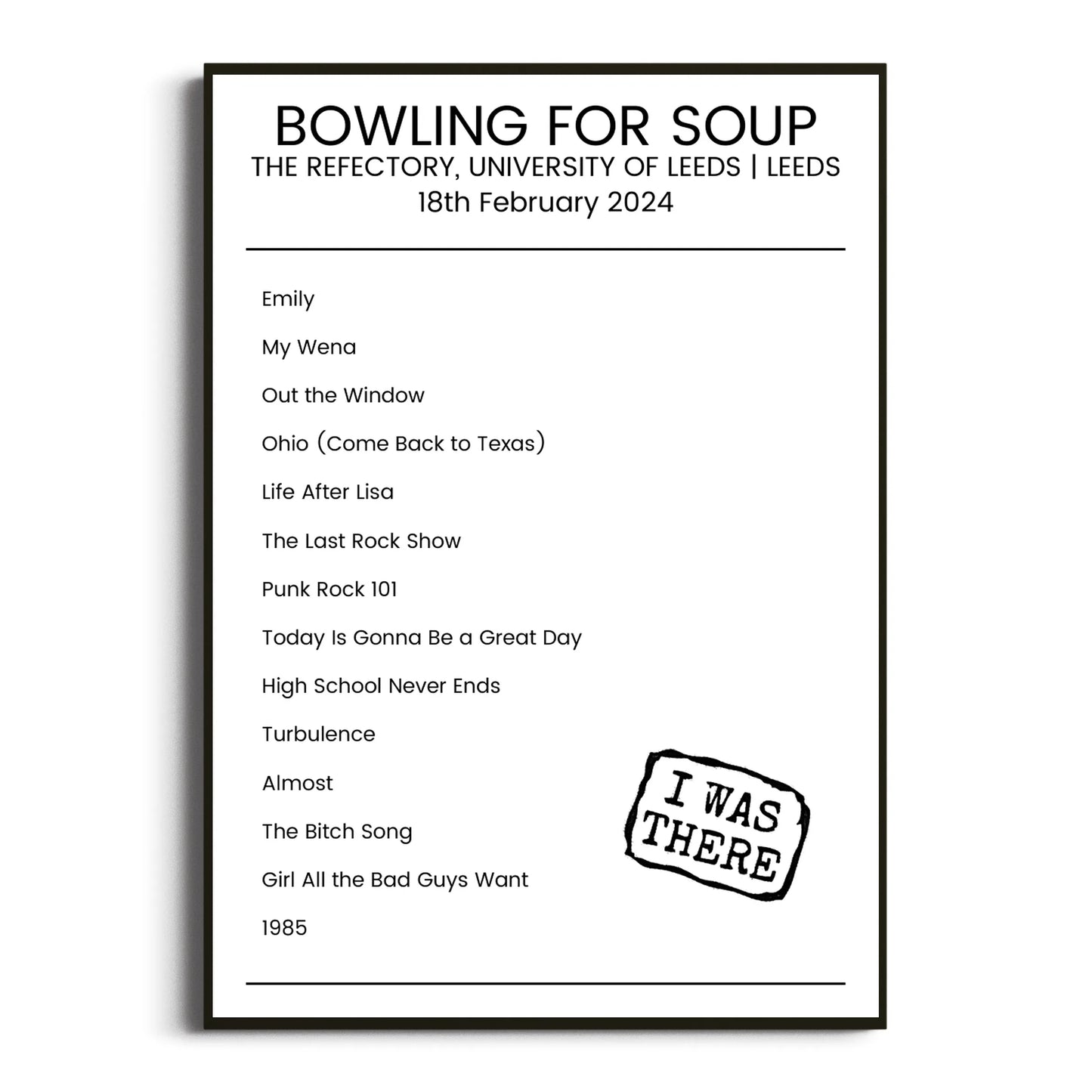 Bowling for Soup Leeds 18 February 2024 Setlist Poster