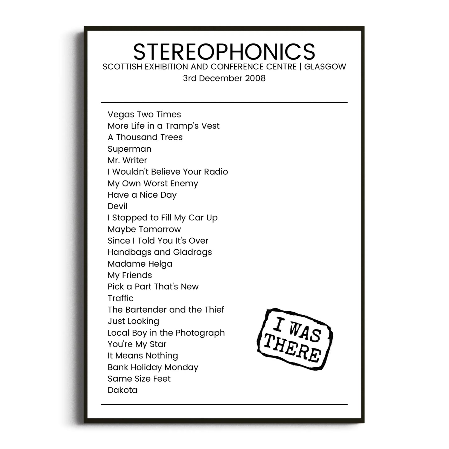 Stereophonics Glasgow 03 December 2008 Setlist Poster