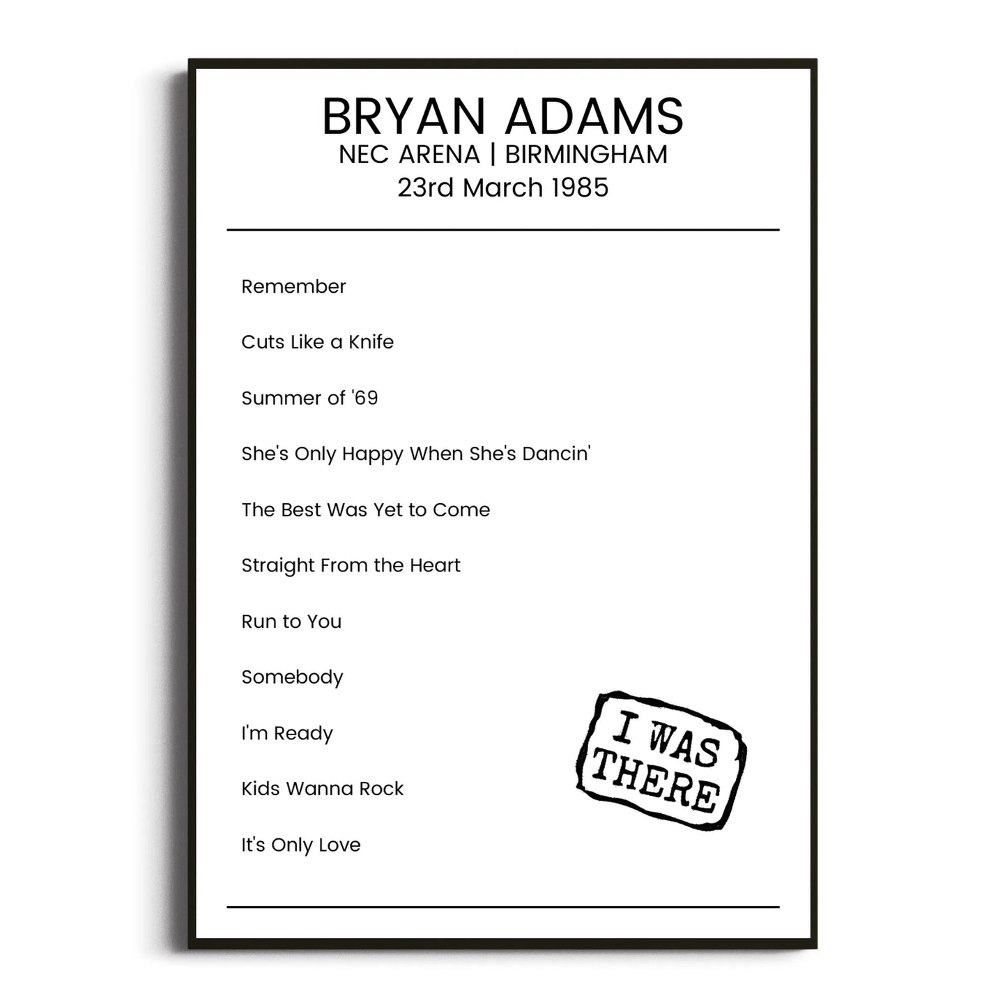 Bryan Adams Birmingham 23 March 1985 Setlist Poster