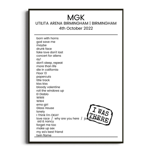 mgk Birmingham 04 October 2022 Setlist Poster