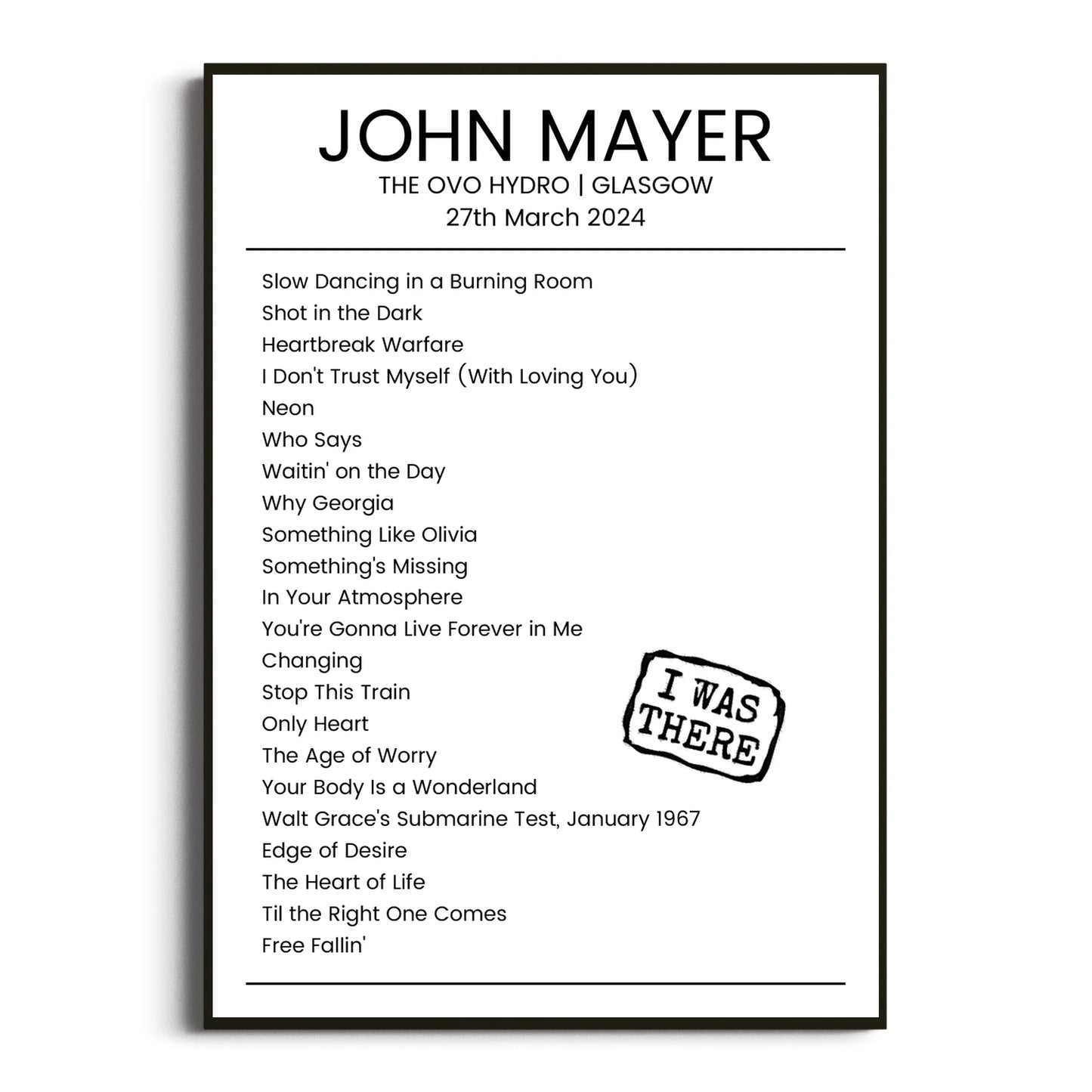 John Mayer Glasgow 27 March 2024 Setlist Poster