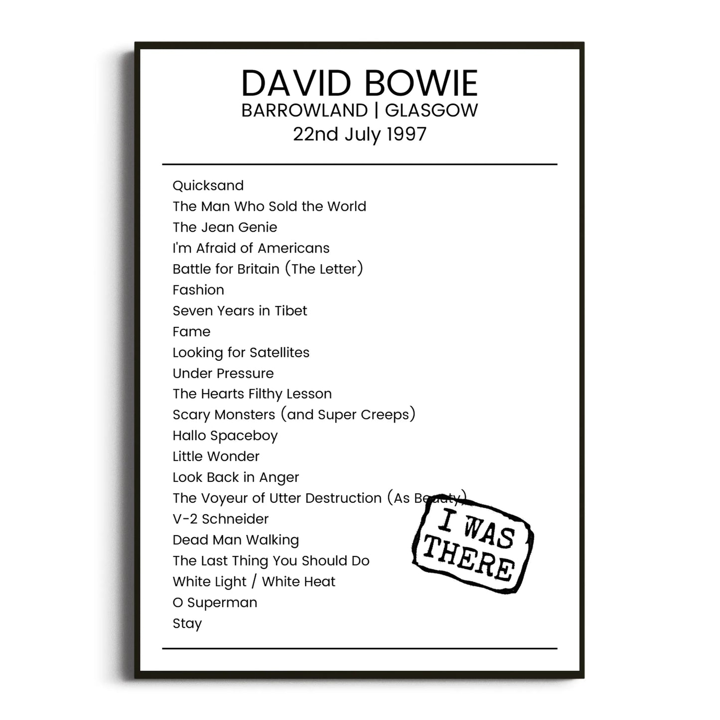 David Bowie Glasgow 22 July 1997 Setlist Poster