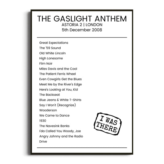 The Gaslight Anthem London 05 December 2008 Setlist Poster