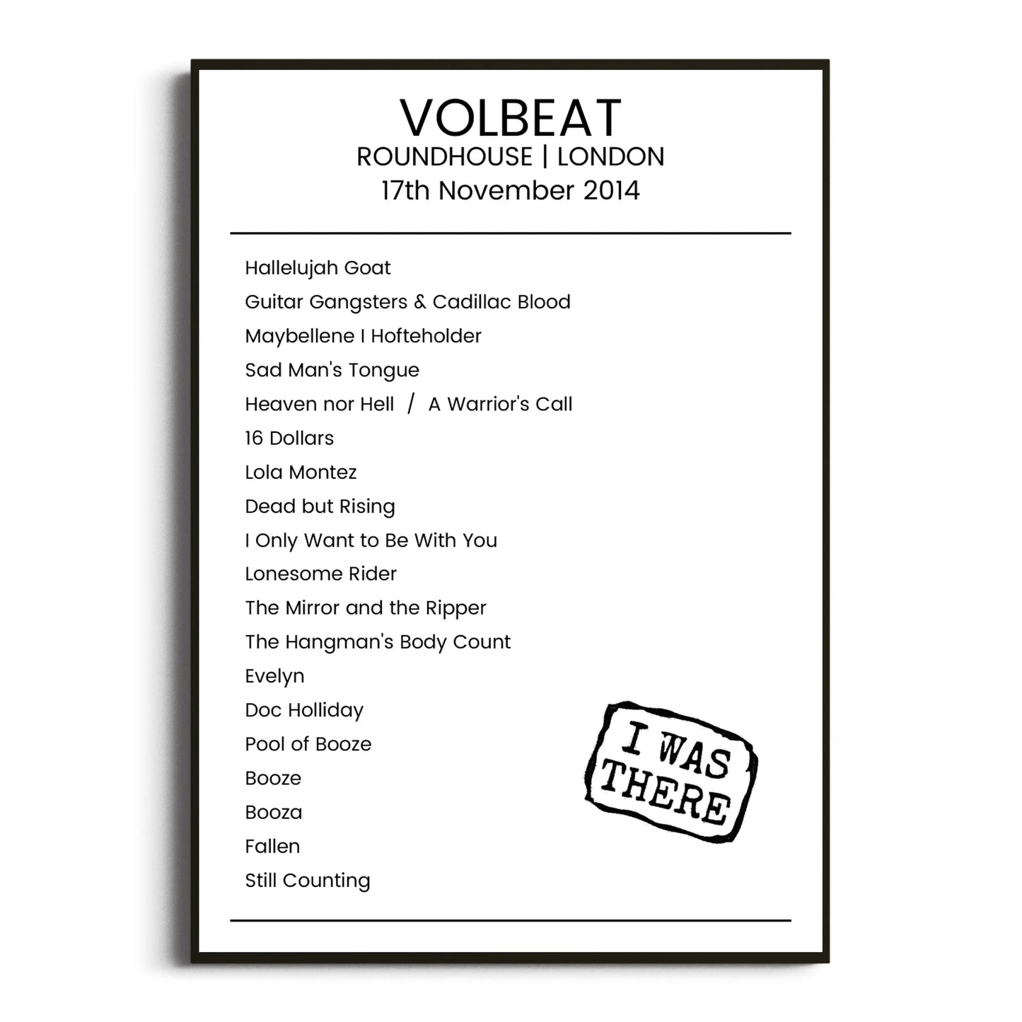 Volbeat London 17 November 2014 Setlist Poster