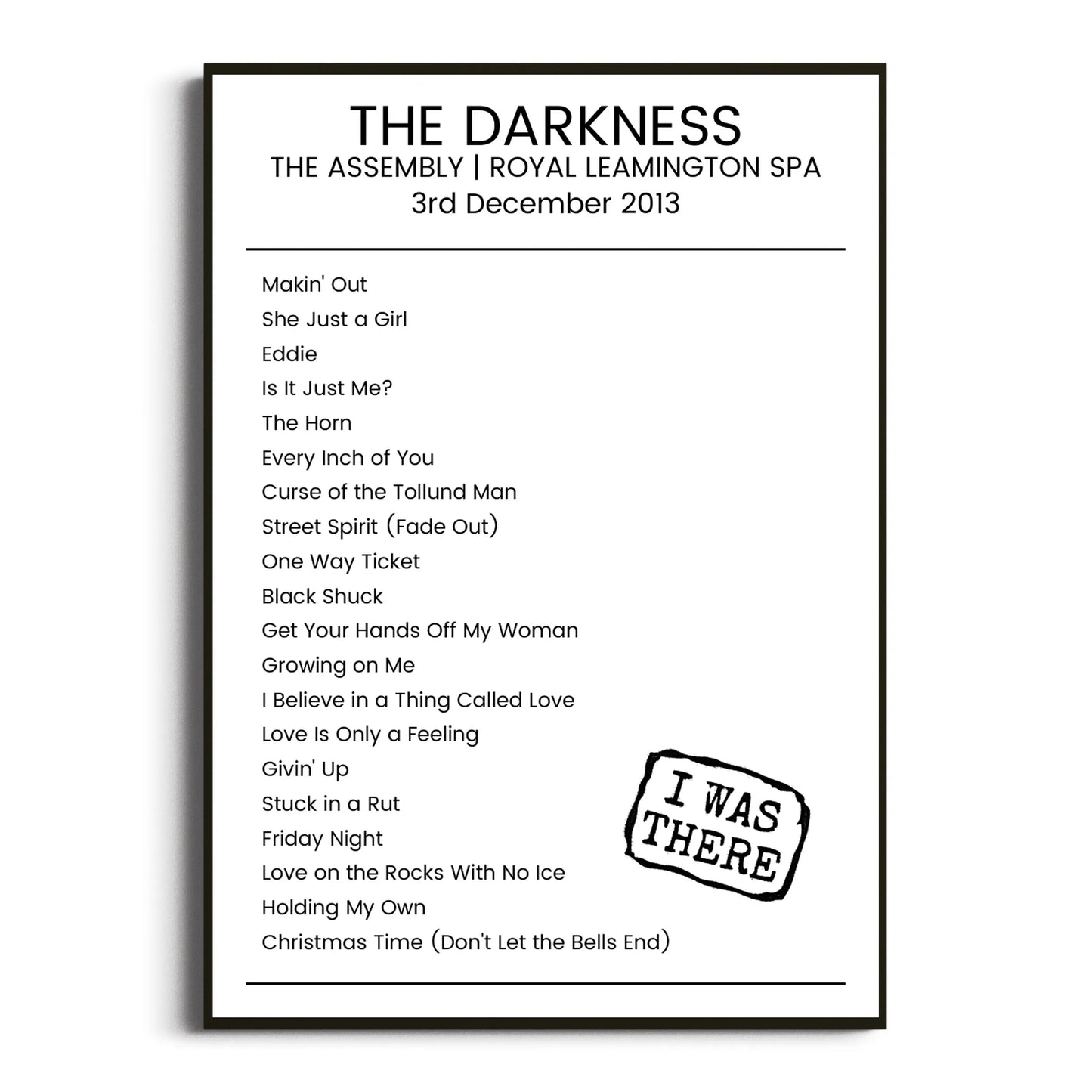 The Darkness Royal Leamington Spa 03 December 2013 Setlist Poster