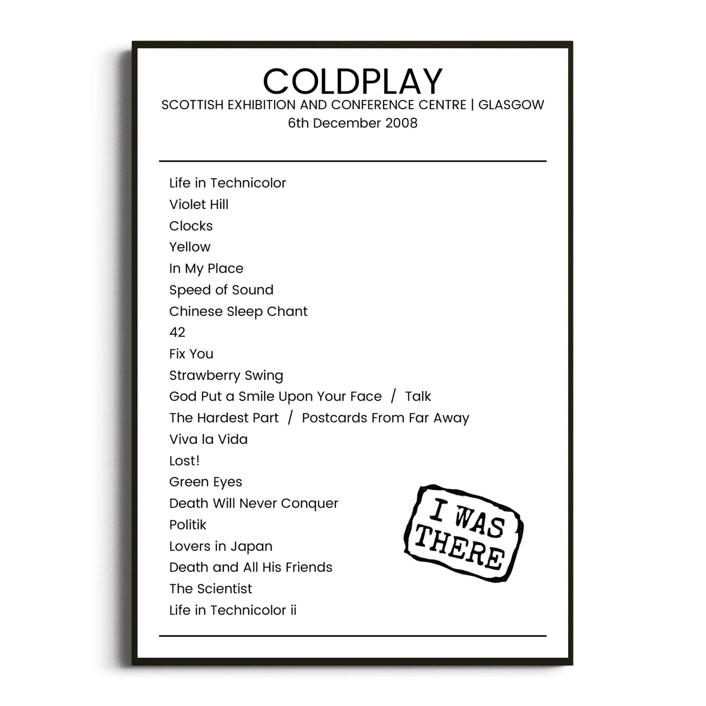 Coldplay Glasgow 06 December 2008 Setlist Poster