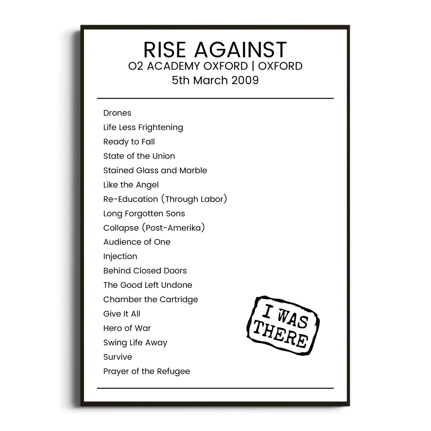 Rise Against Oxford 05 March 2009 Setlist Poster