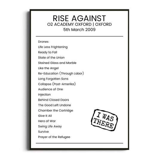 Rise Against Oxford 05 March 2009 Setlist Poster