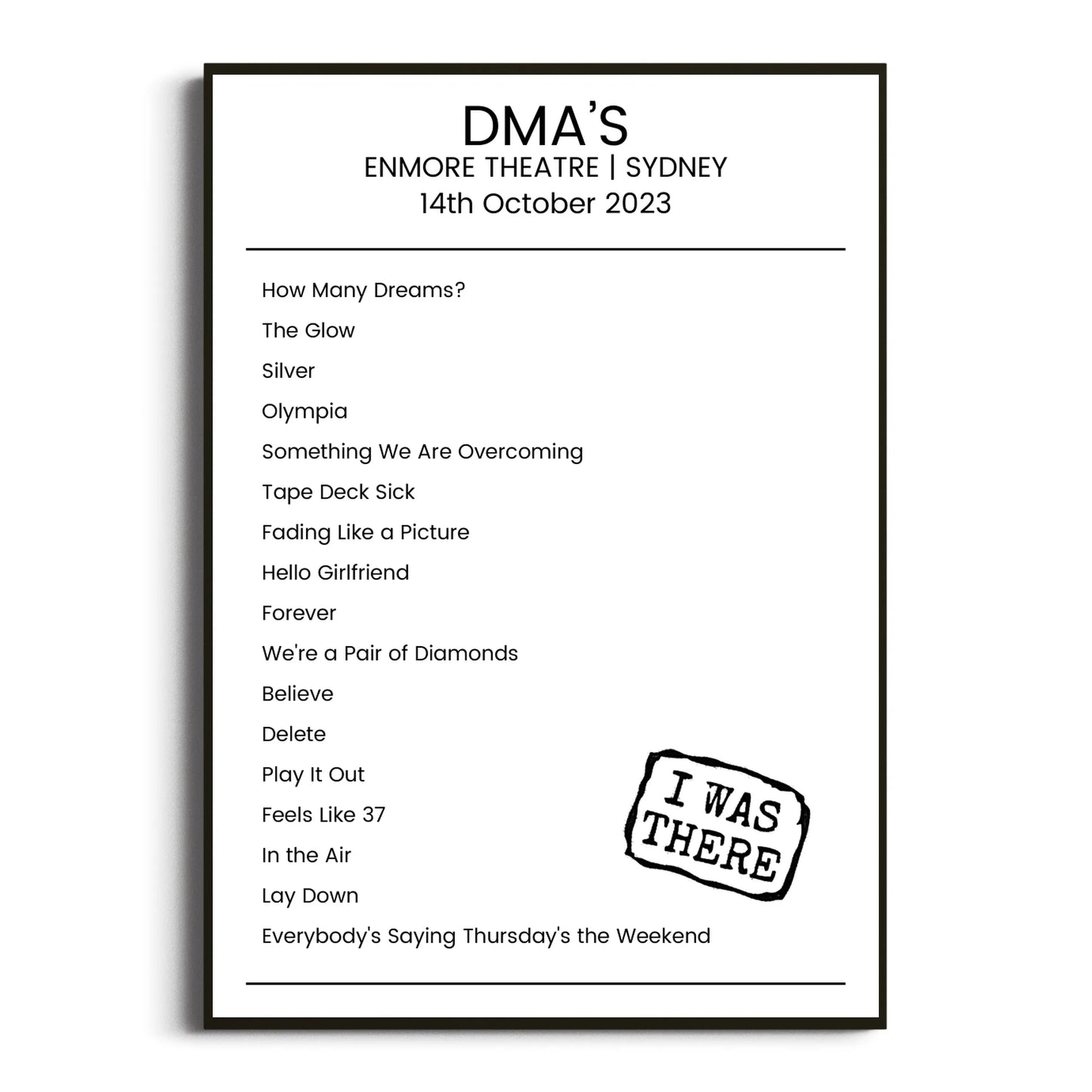 DMA’s Sydney 14 October 2023 Setlist Poster