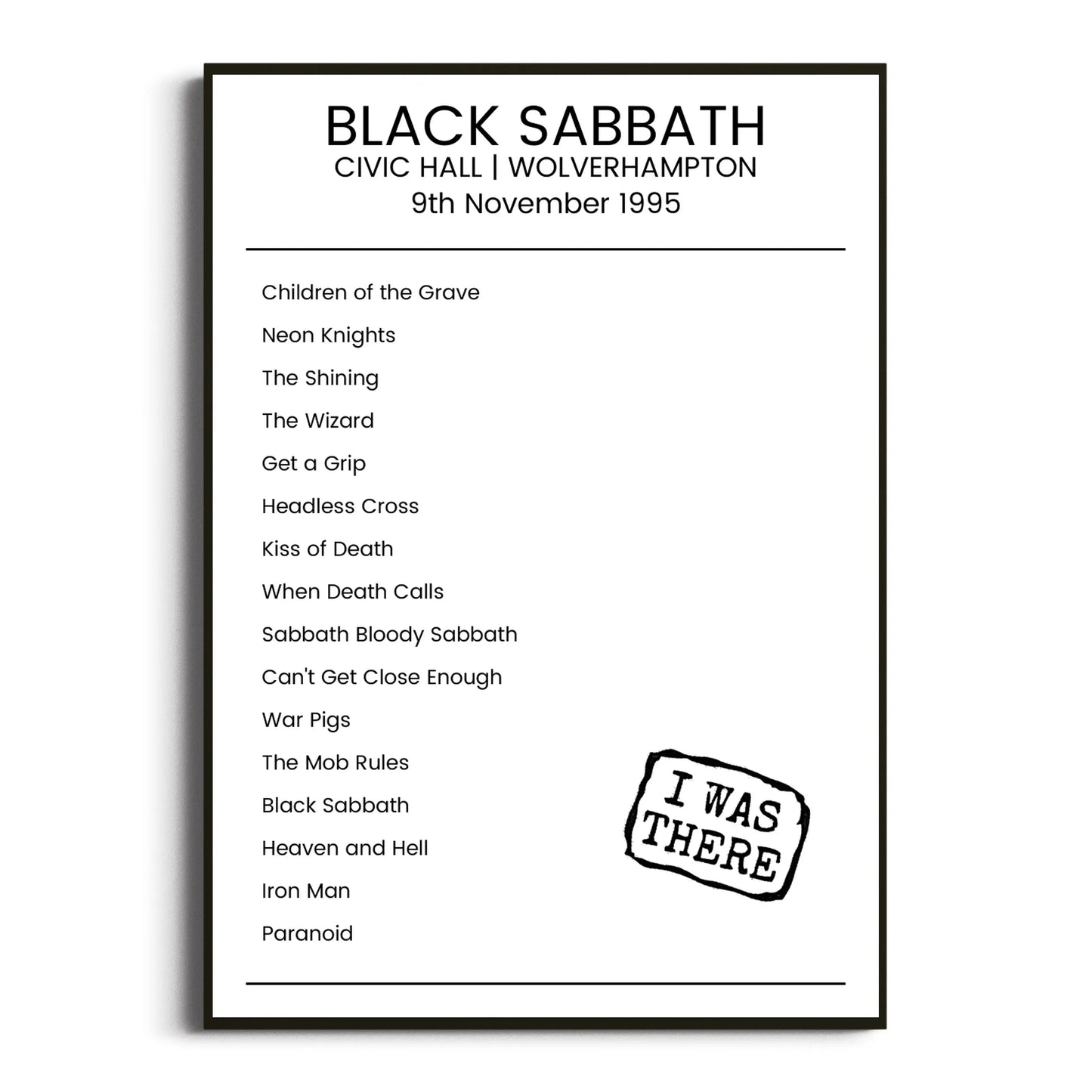 Black Sabbath Wolverhampton 09 November 1995 Setlist Poster