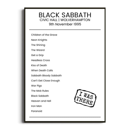 Black Sabbath Wolverhampton 09 November 1995 Setlist Poster