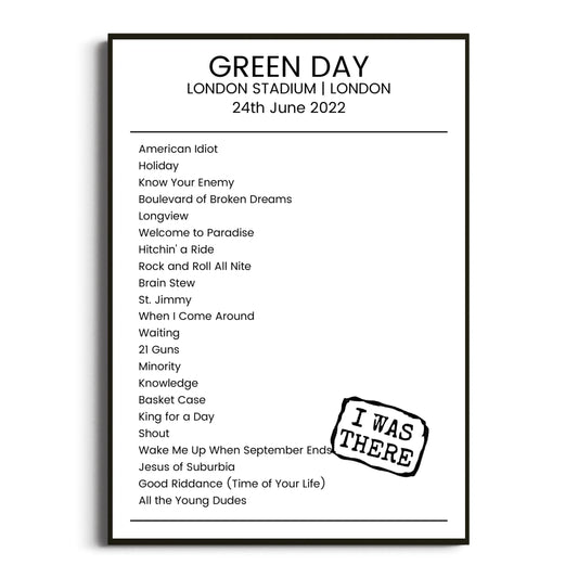 Green Day London 24 June 2022 Setlist Poster