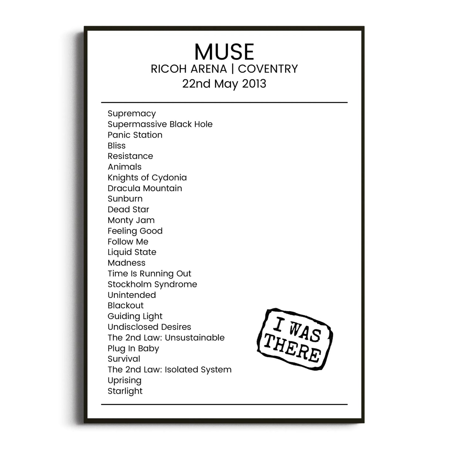 Muse Coventry 22 May 2013 Setlist Poster