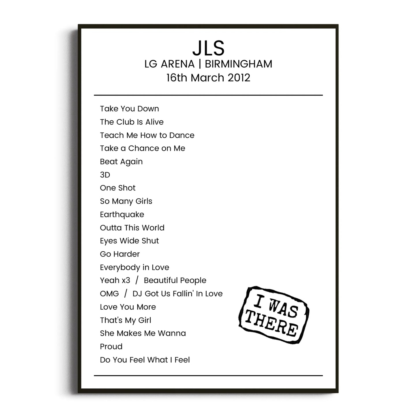 JLS Birmingham 16 March 2012 Setlist Poster