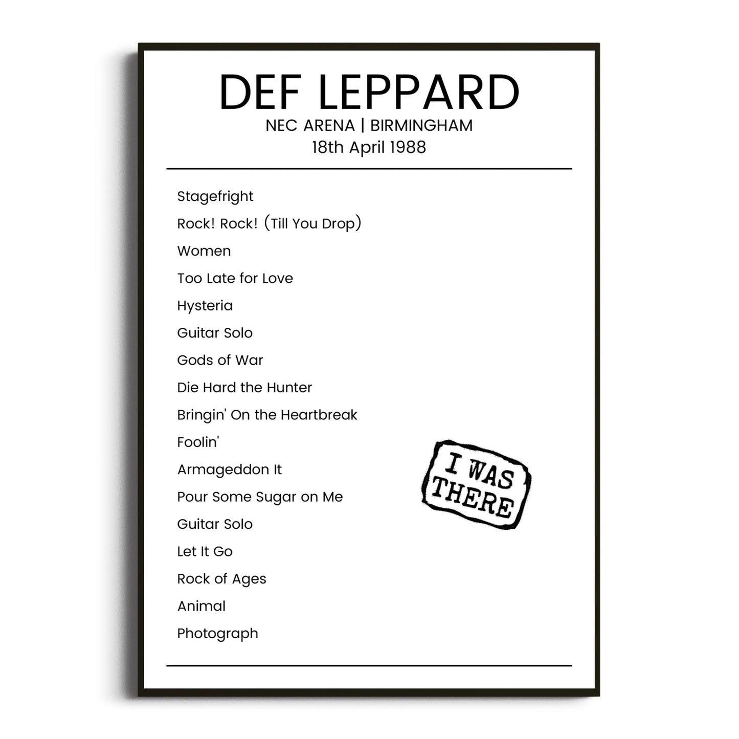 Def Leppard Birmingham 18 April 1988 Setlist Poster