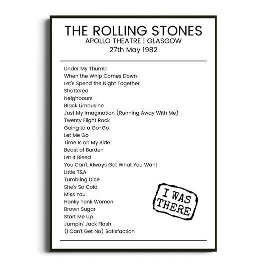 The Rolling Stones Glasgow 27 May 1982 Setlist Poster