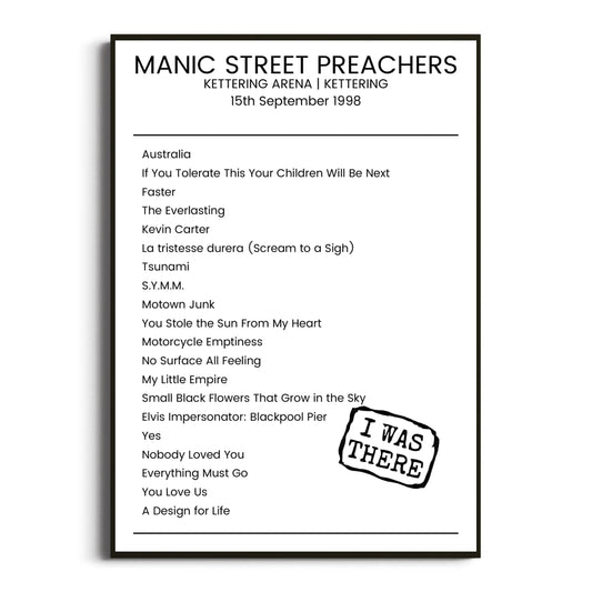 Manic Street Preachers Kettering 15 September 1998 Setlist Poster