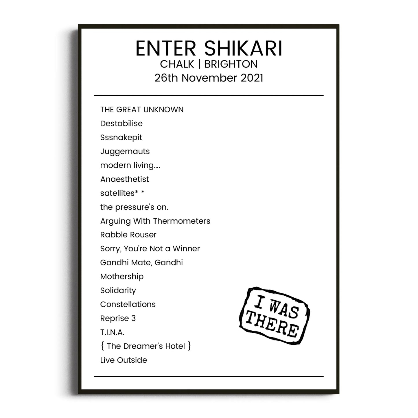 Enter Shikari Brighton 26 November 2021 Setlist Poster