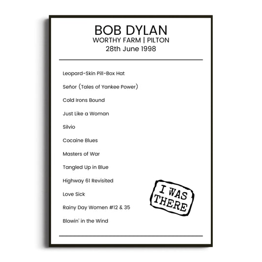 Bob Dylan Pilton 28 June 1998 Setlist Poster