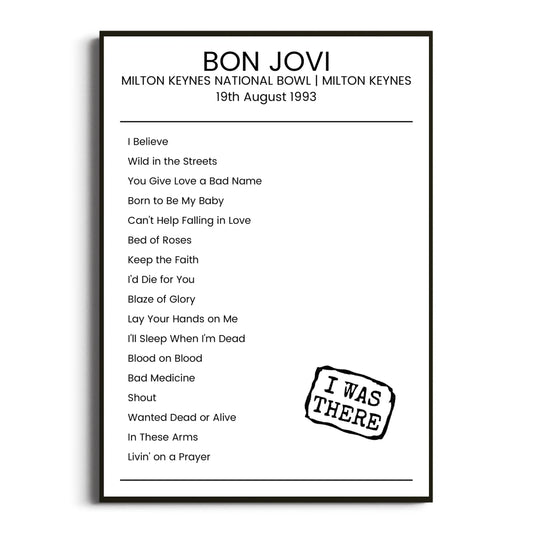 Bon Jovi Milton Keynes 19 August 1993 Setlist Poster