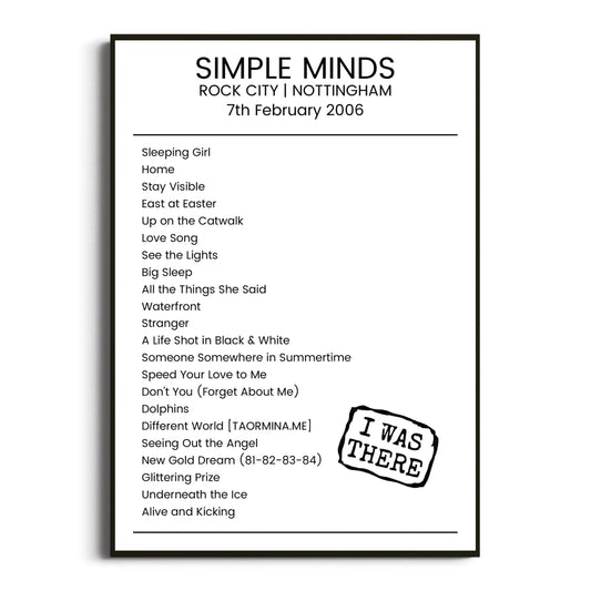 Simple Minds Nottingham 07 February 2006 Setlist Poster