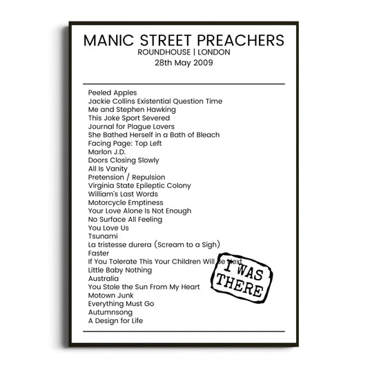 Manic Street Preachers London 28 May 2009 Setlist Poster