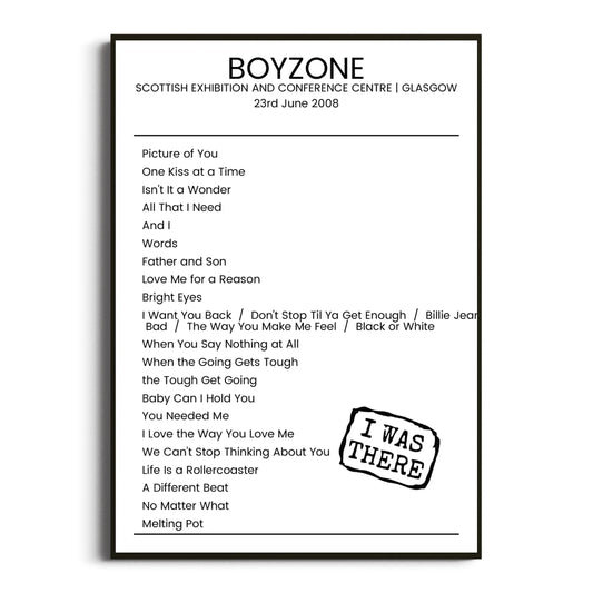 Boyzone Glasgow 23 June 2008 Setlist Poster