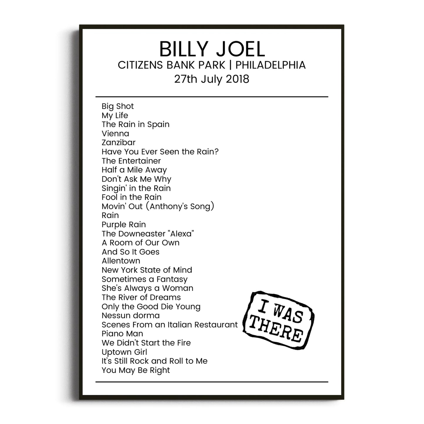 Billy Joel Philadelphia 27 July 2018 Setlist Poster