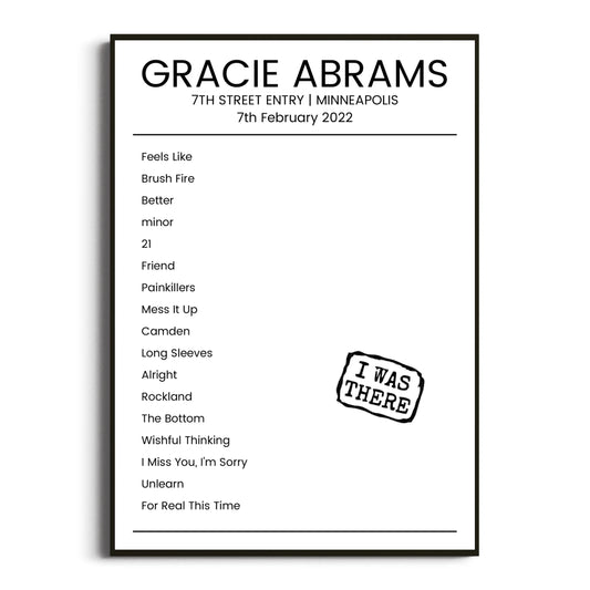 Gracie Abrams Minneapolis 07 February 2022 Setlist Poster