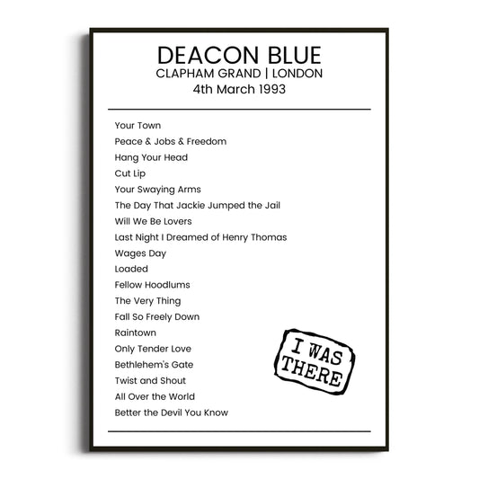 Deacon Blue London 04 March 1993 Setlist Poster