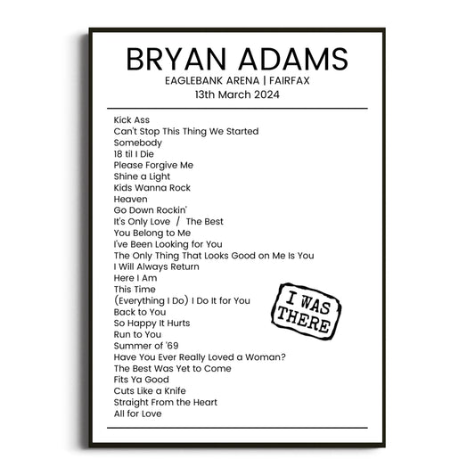 Bryan Adams Fairfax 13 March 2024 Setlist Poster