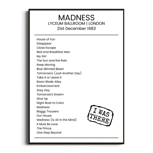 Madness London 21 December 1983 Setlist Poster