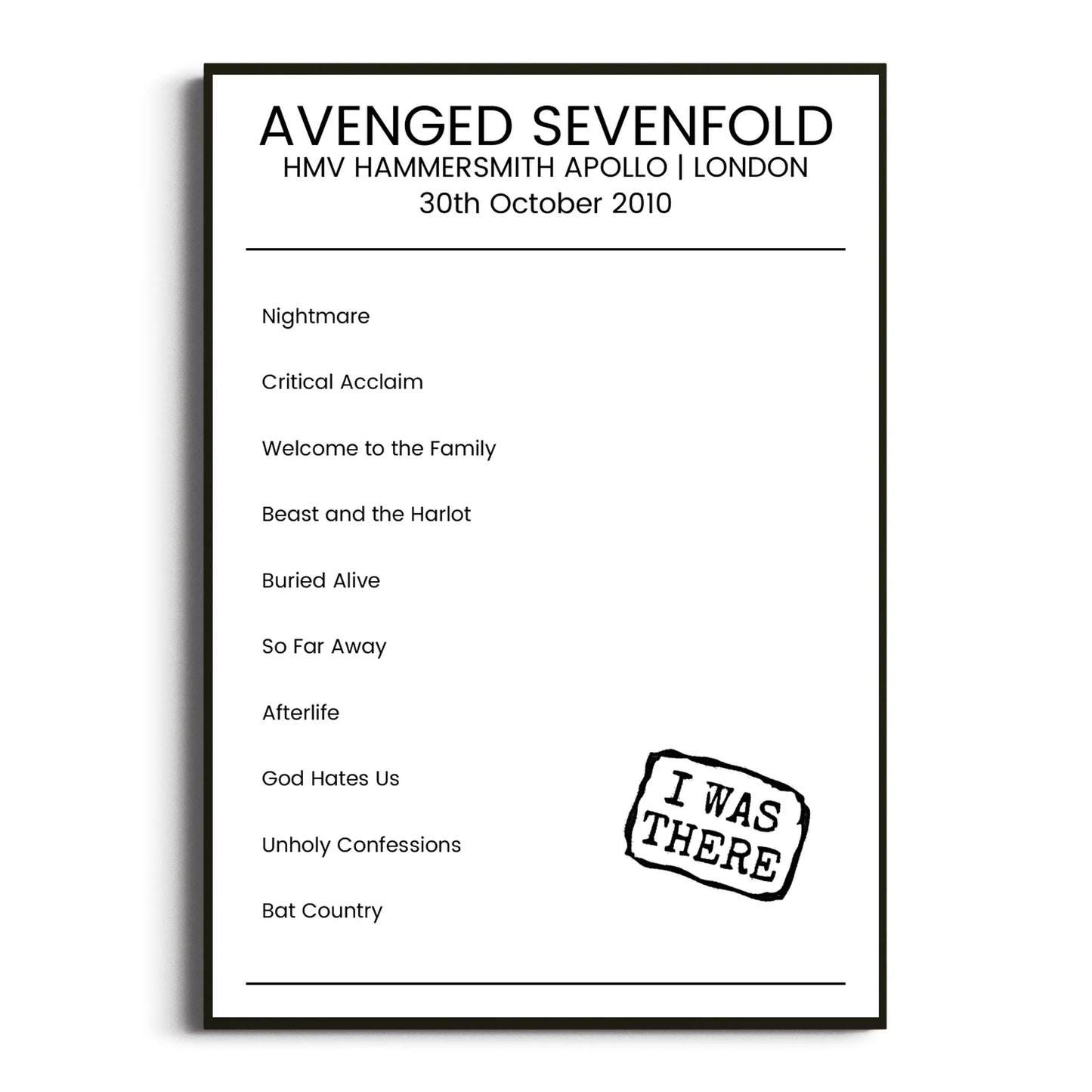 Avenged Sevenfold London 30 October 2010 Setlist Poster