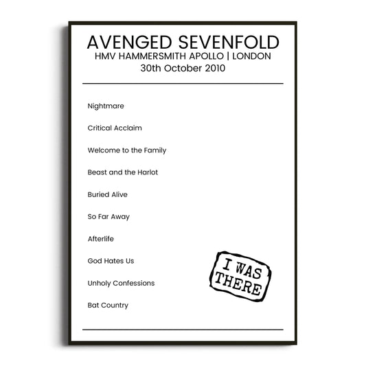 Avenged Sevenfold London 30 October 2010 Setlist Poster